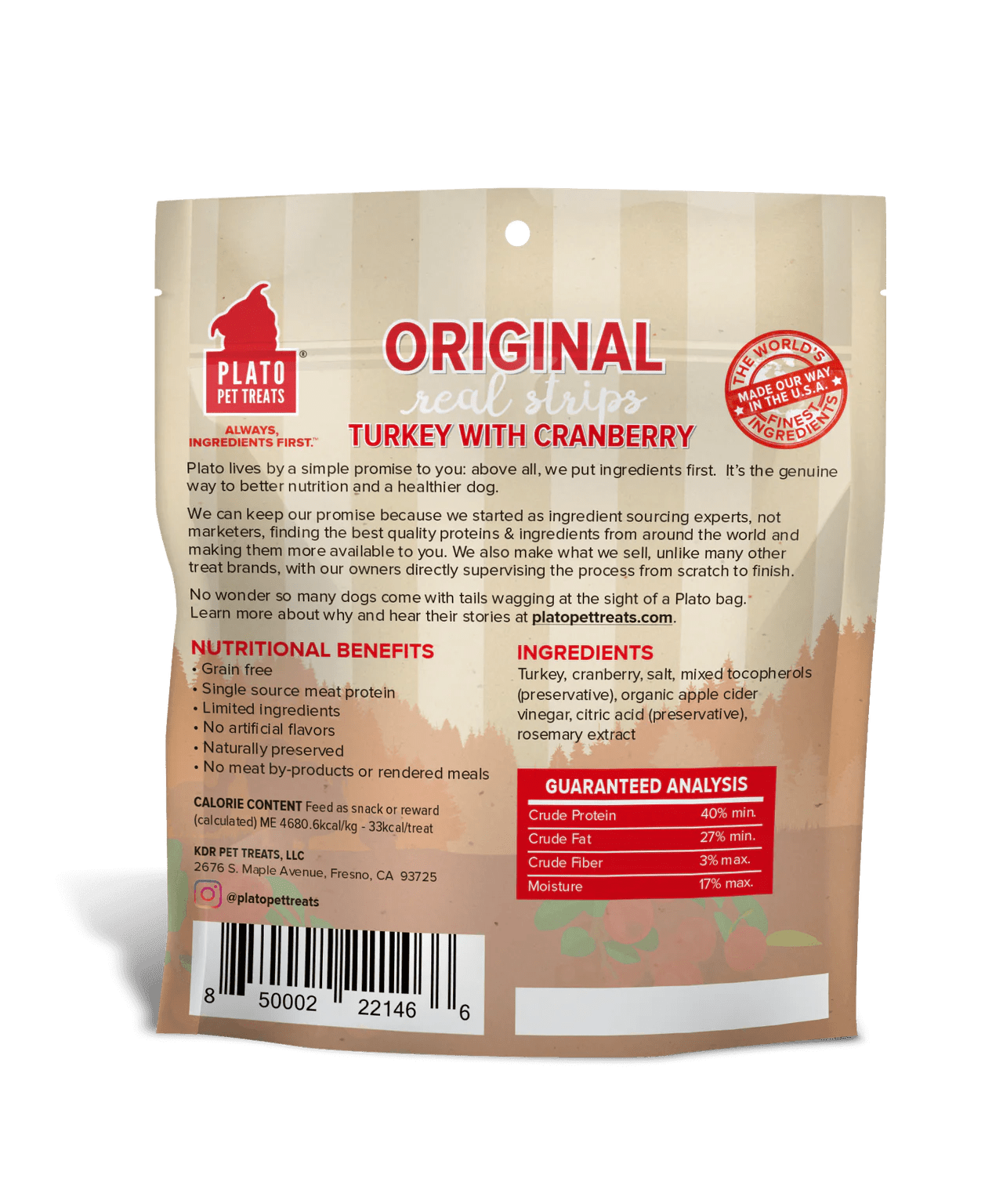 Plato Original Real Strips Turkey with Cranberry 3 oz - Happy Pet