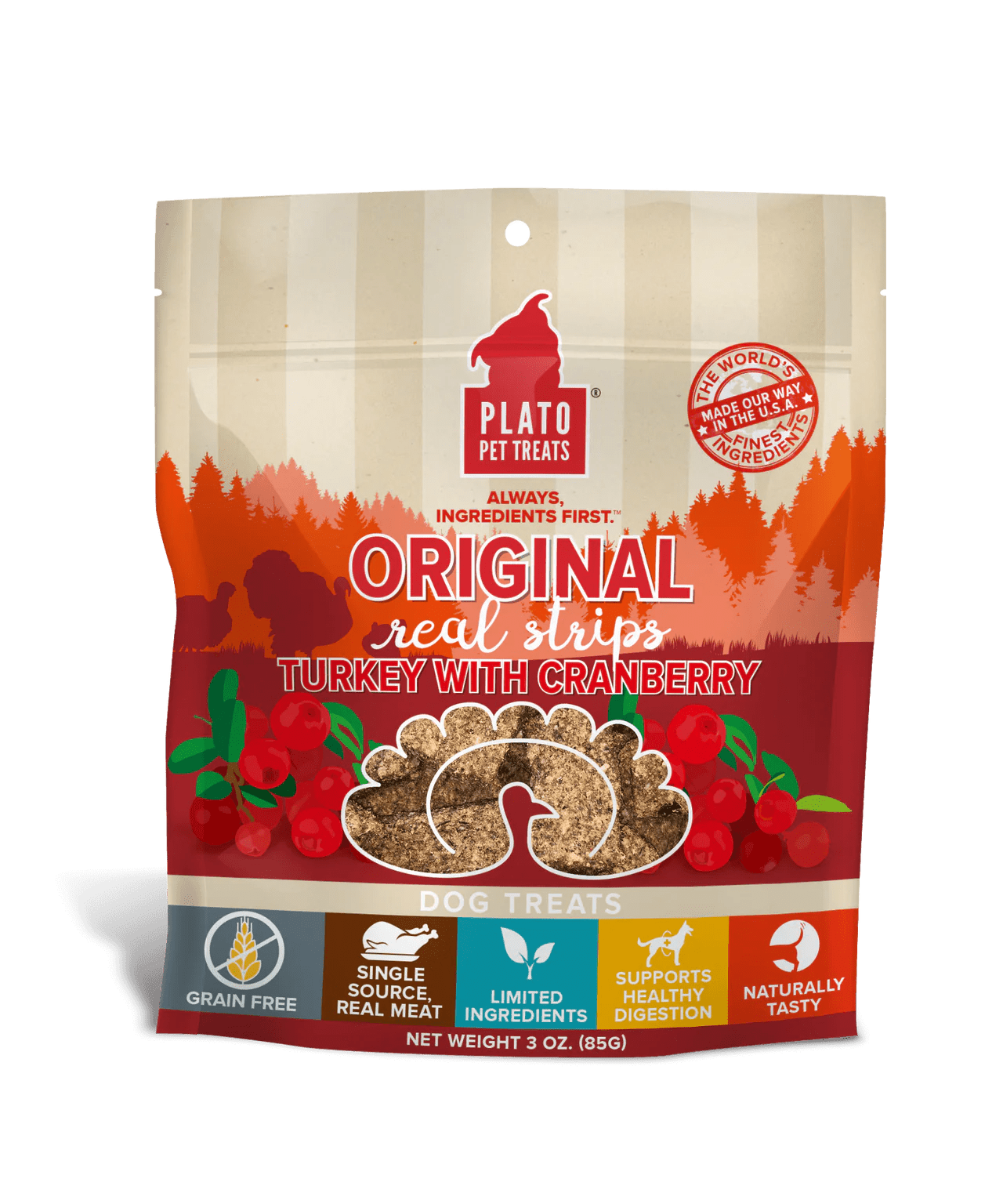 Plato Original Real Strips Turkey with Cranberry 3 oz - Happy Pet