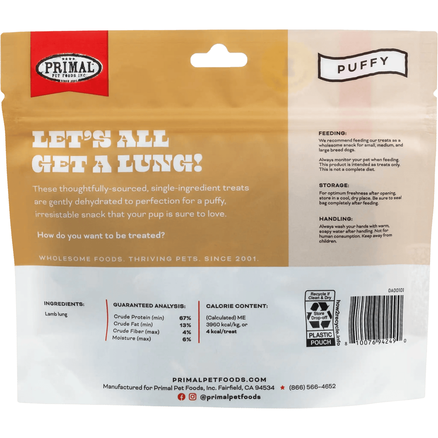 Primal Let's All Get A Lung! Lamb Lung Cubes 1.5 oz - Happy Pet