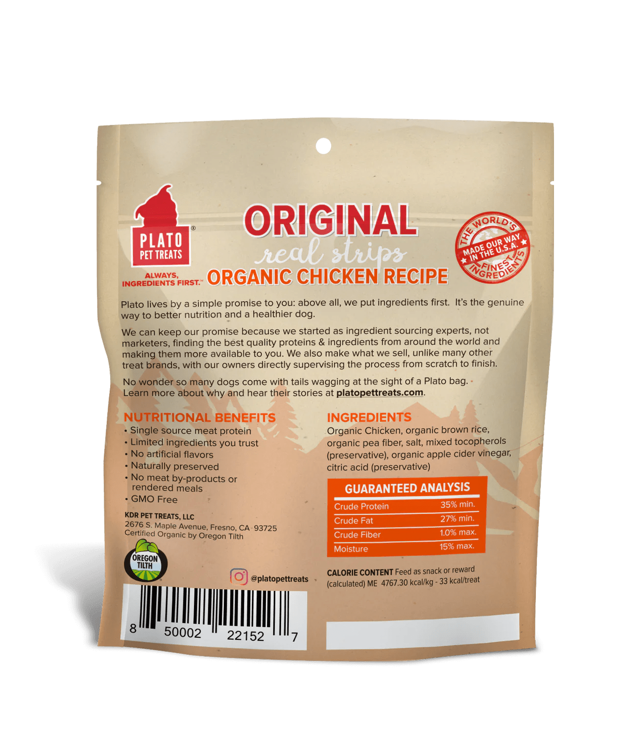 Plato Original Real Strips Organic Chicken 3 oz - Happy Pet