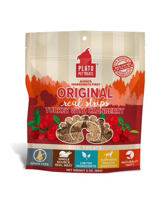 Plato Original Real Strips Turkey with Cranberry 3 oz - Happy Pet